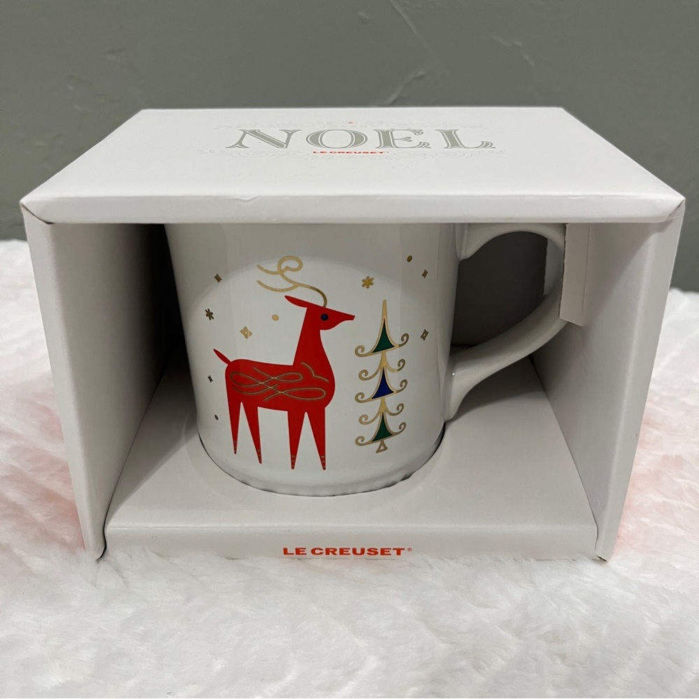 Le Creuset White Reindeer Stag‎ Mug Cup NIB coffee tea holiday Noel